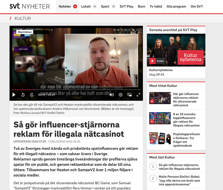 SVT granskar influencers reklam för illegala nätcasinon